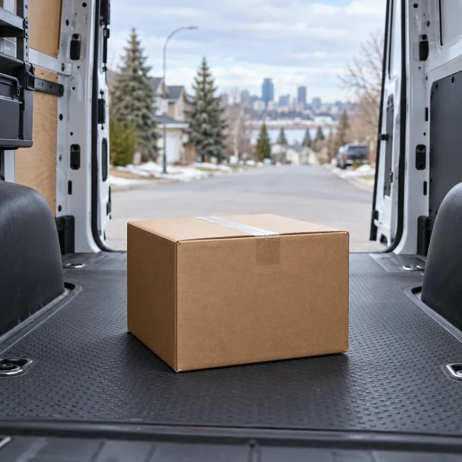 A parcel ready for delivery inside a clean cargo van