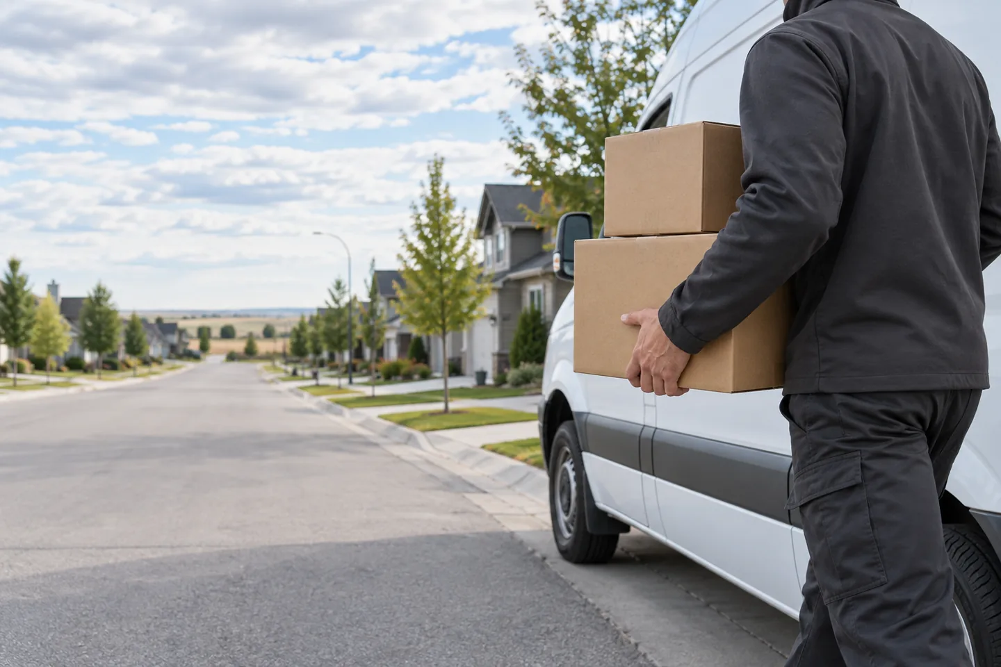 Courier carrying parcels beside a delivery van in a Saskatchewan neighbourhood