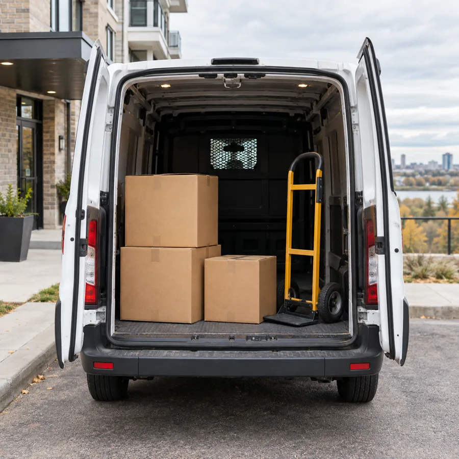 Moving boxes and a dolly ready at the back of a delivery van